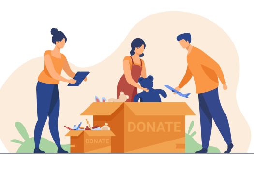 Volunteers packing donation boxes. People donating toys, foods, sweets. Vector illustration for charity, welfare, assistance concept