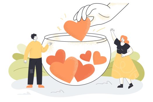 Hand giving heart to healthy donation jar on sides of which tiny people standing. Generous community giving help, hope, love and support flat vector illustration. Social support, charity concept